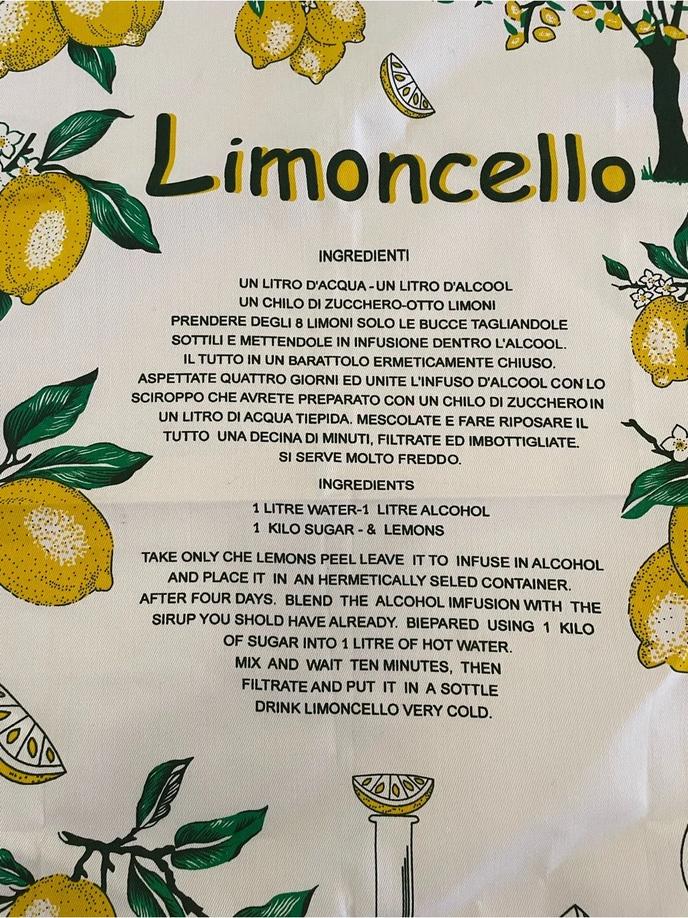 Italian Limoncello Lemon Print Kitchen Tea Towel - White & Yellow